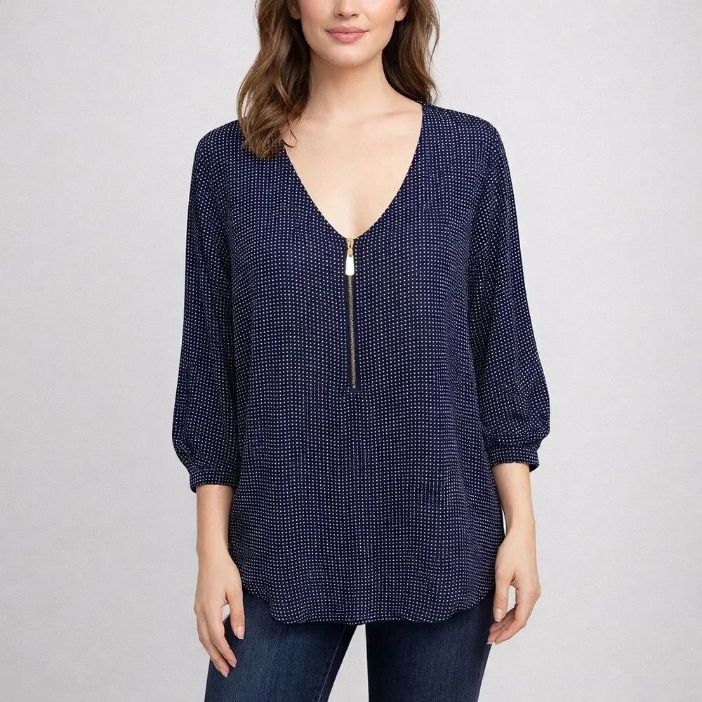 Tacera Navy Blue White Polka Dot Half Zip V-Neck Tunic Quarter Sleeve size XL